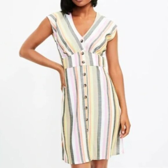Loft Brand Petite 6 6P Striped Midi Button Front Dress Midi Length Cap Sleeves - Picture 2 of 5